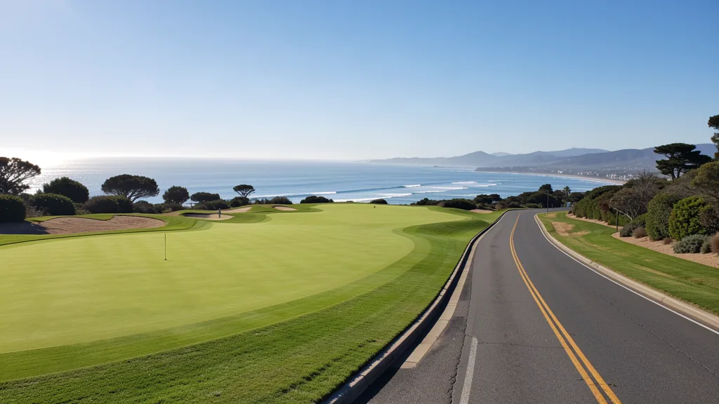 A scenic California road winding toward golf country