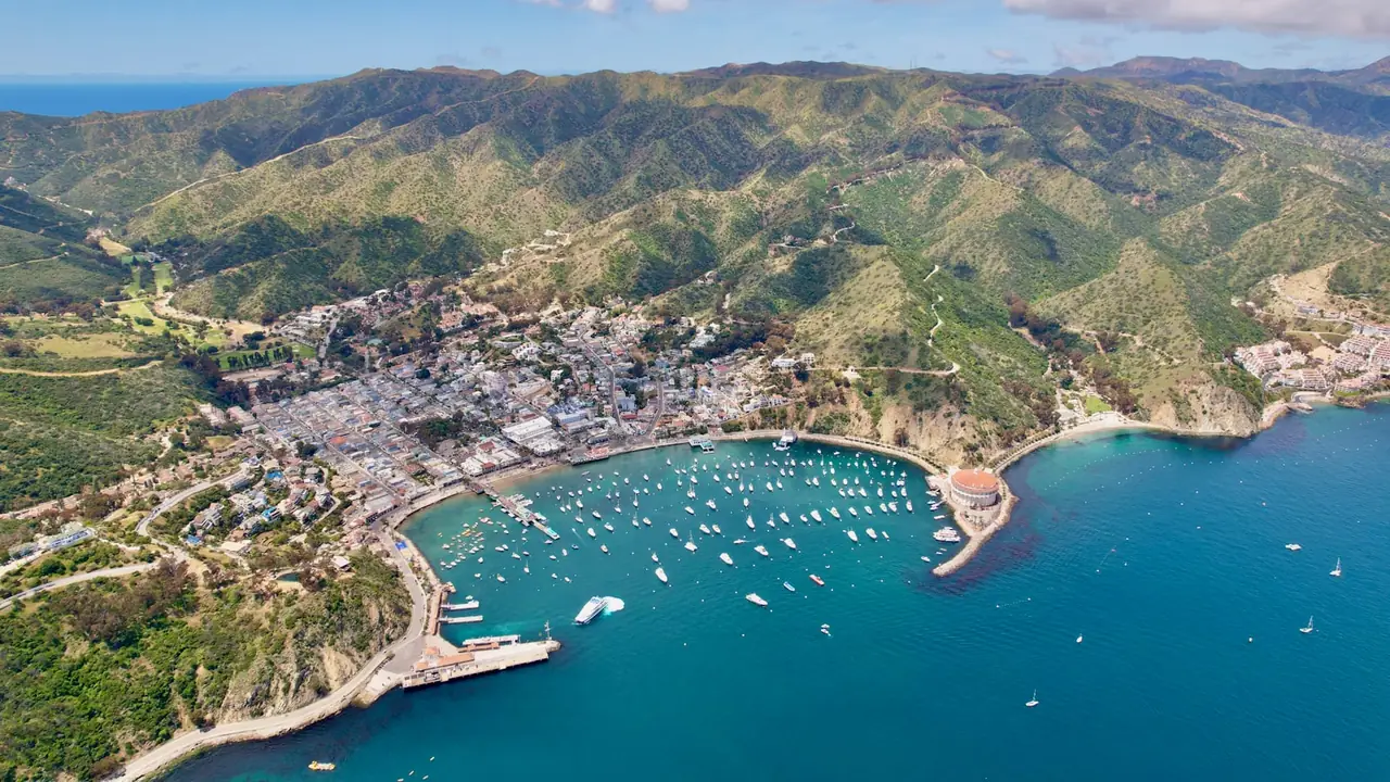 Aerial view of Avalon Bay, the landmark theater building and the ferry