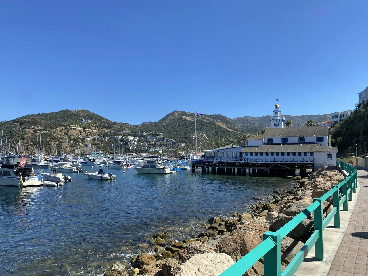 Catalina Island coastline with boats off the Southern California coast