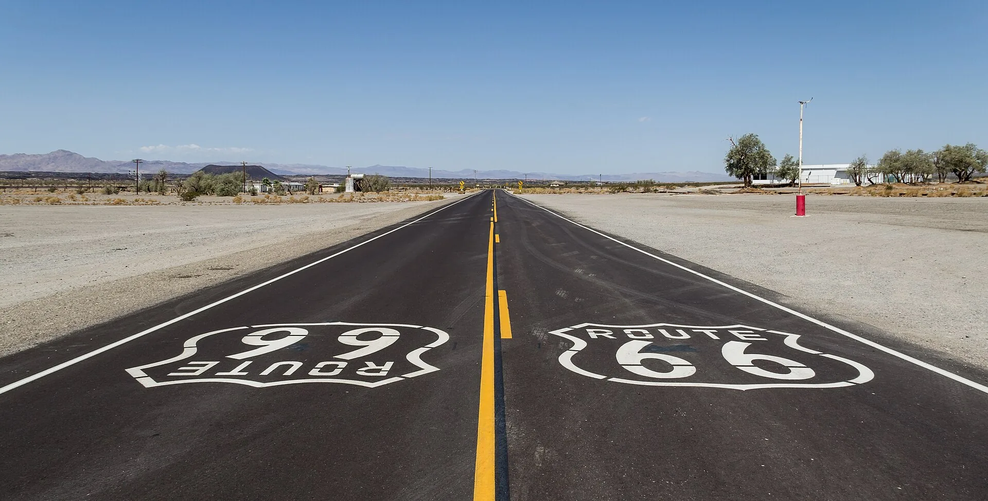 Retro Route 66 signage along the California desert stretch